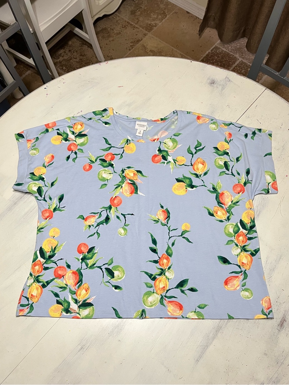 Chico’s Weekends Bondi Blue Vined Fruit Print Cotton Blend Summer Tee